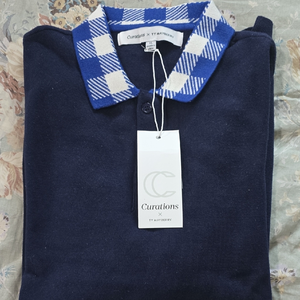 Curations by TY Mayberry Men’s Navy Polo with Blue Check Collar